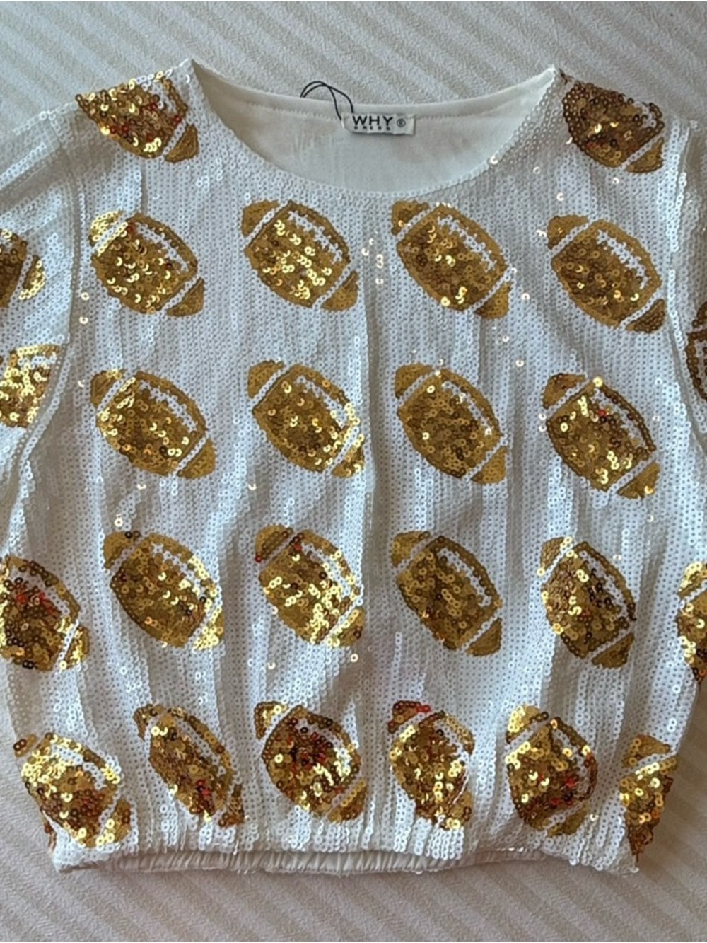 White Womens Sequin Football Tee with Gold Accents